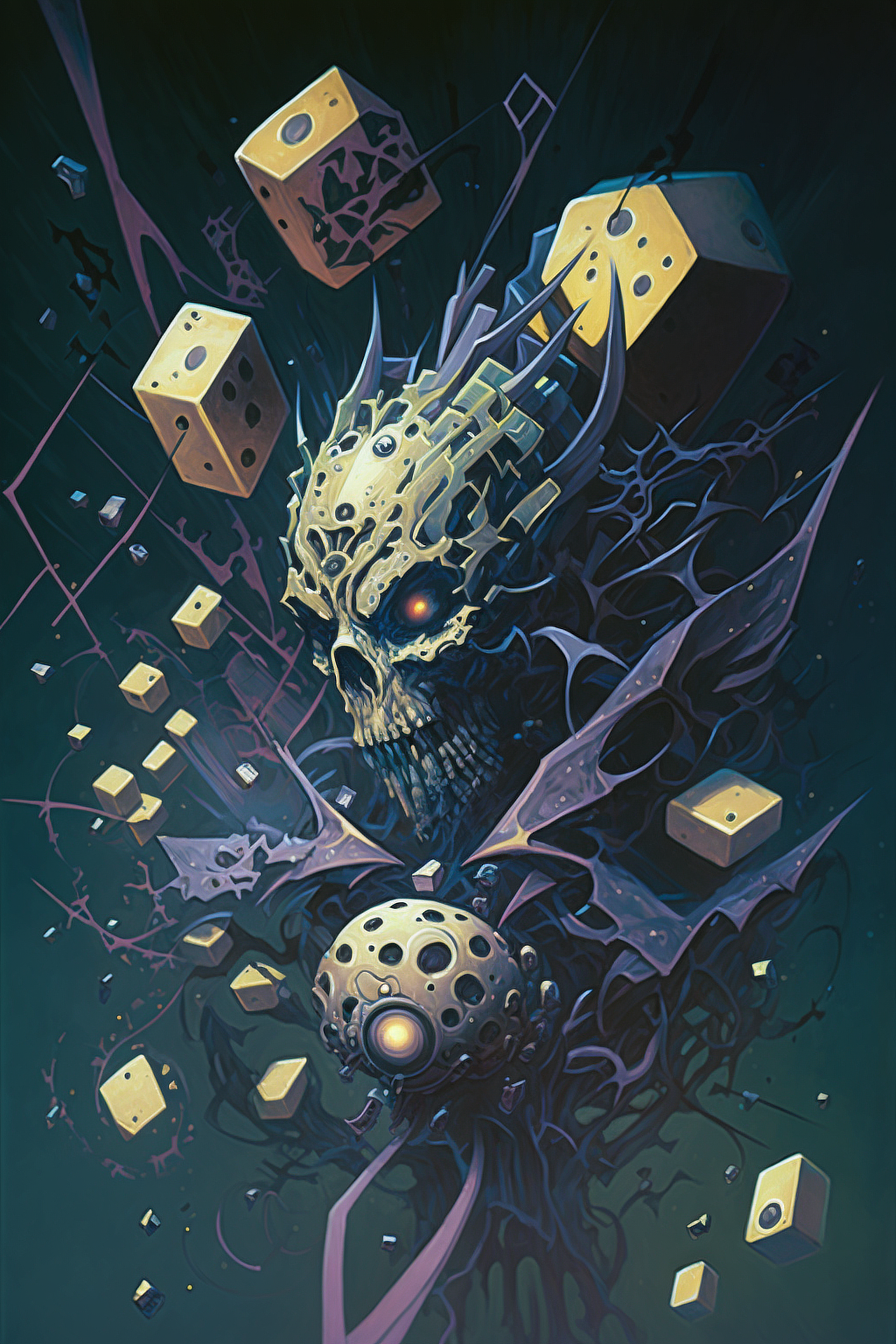 a skull with many pieces of dice