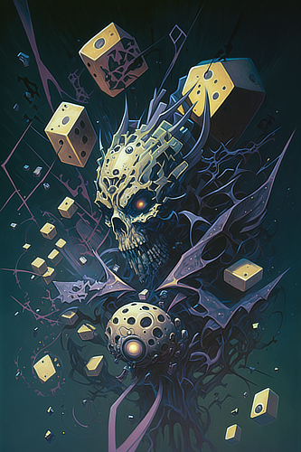 a skull with many pieces of dice