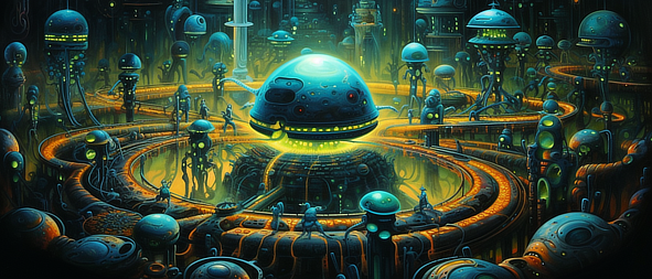 a blue alien spaceship surrounded by many round structures