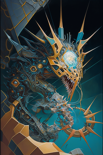a blue and gold dragon with sharp spikes