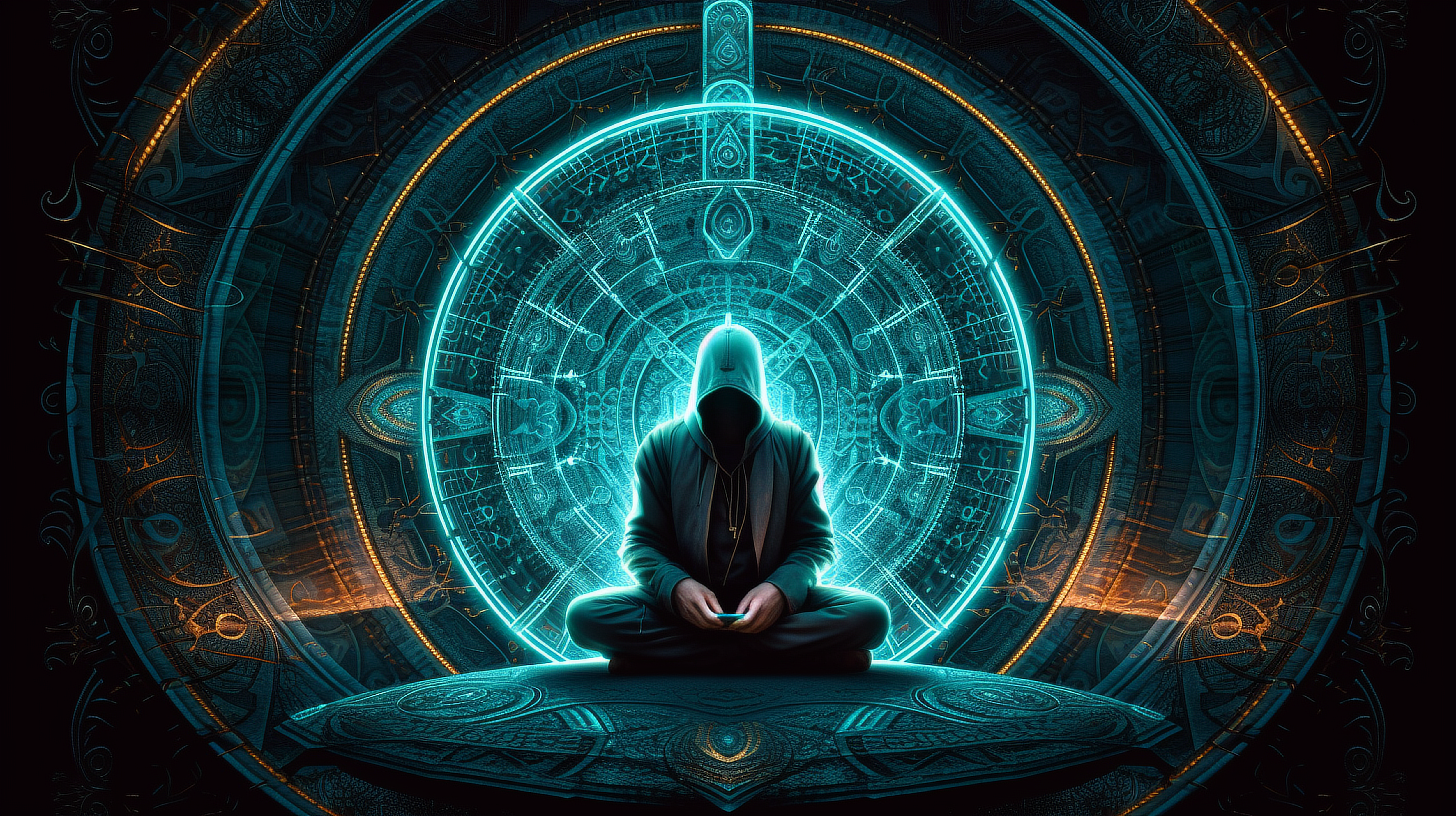 a person sitting in front of a circular pattern