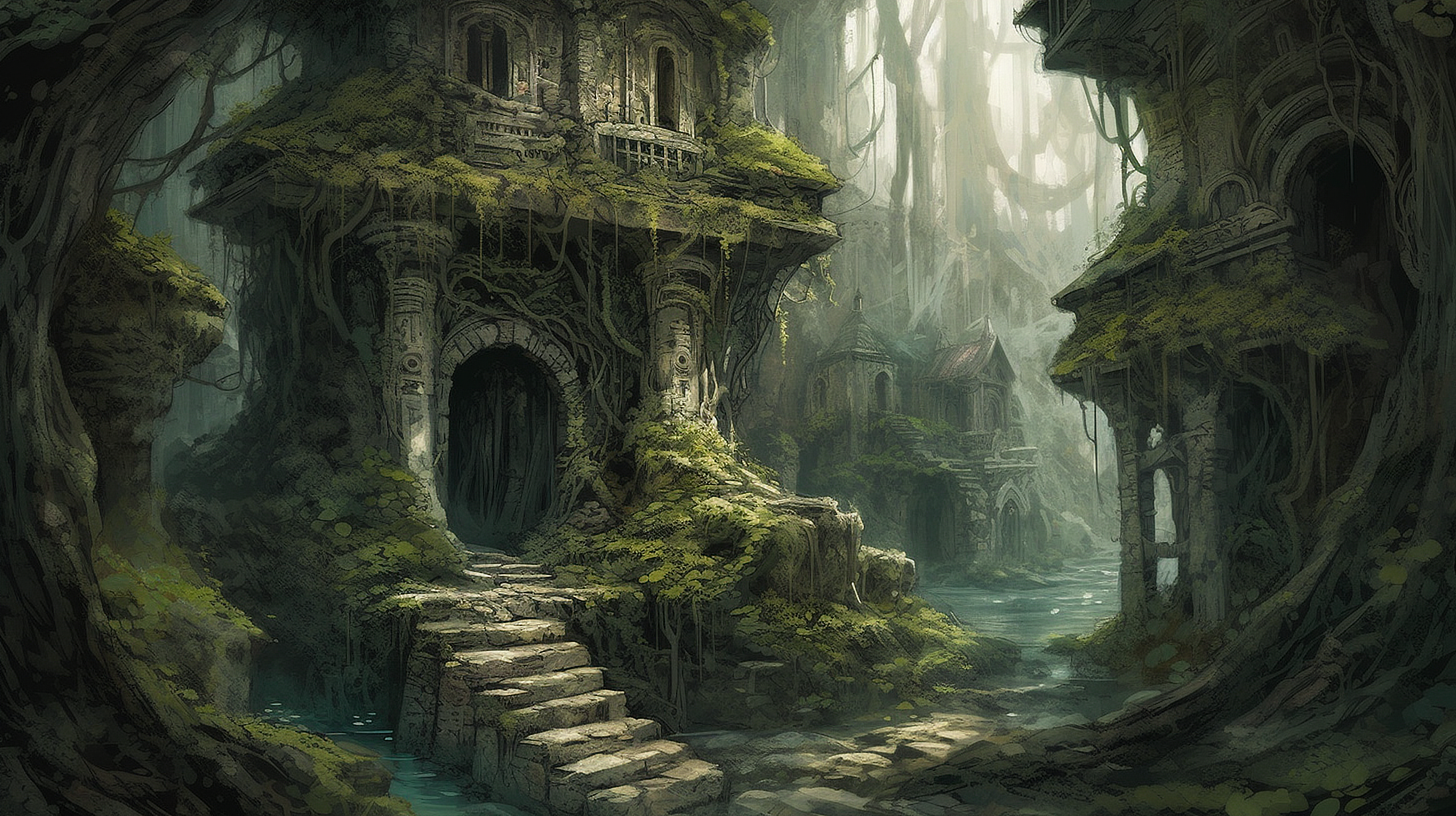 a stone building with a door and stairs in a forest