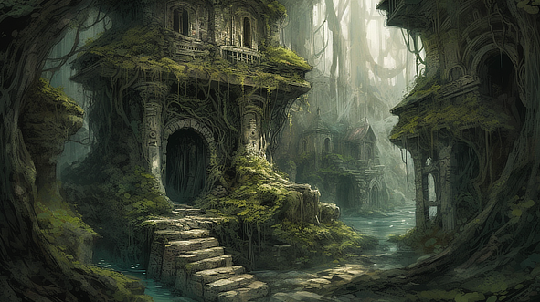 a stone building with a door and stairs in a forest