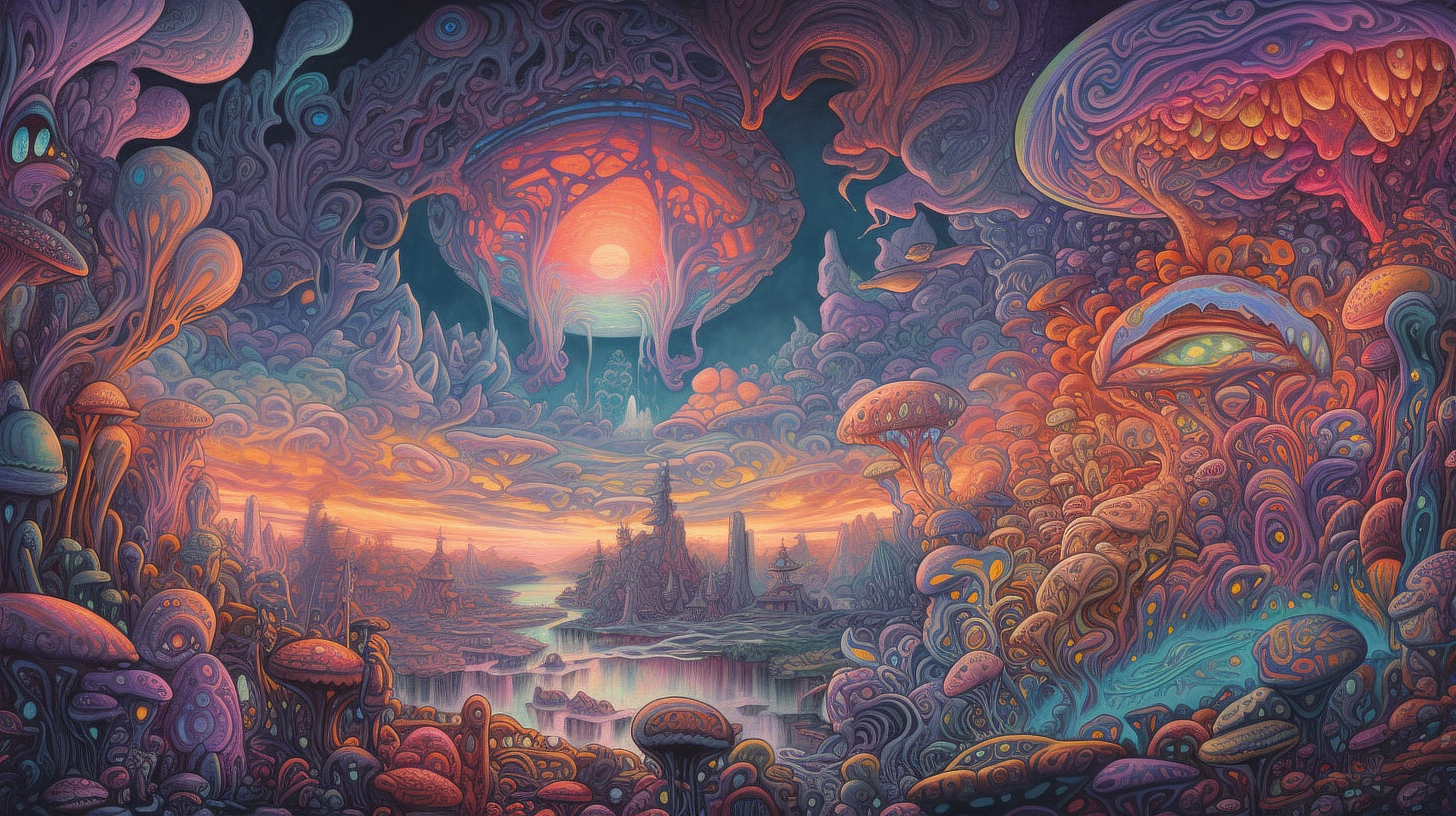 a colorful landscape with mushrooms and a river