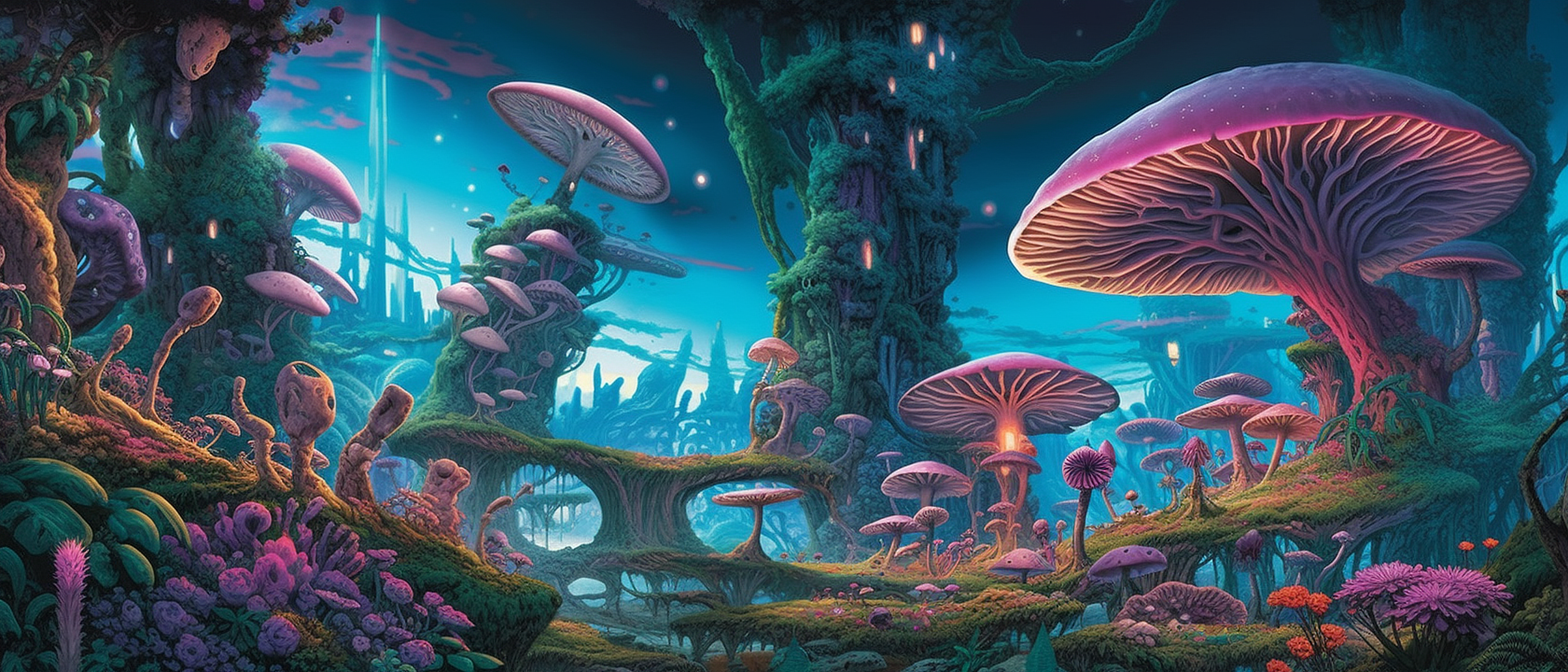 a fantasy landscape with mushrooms