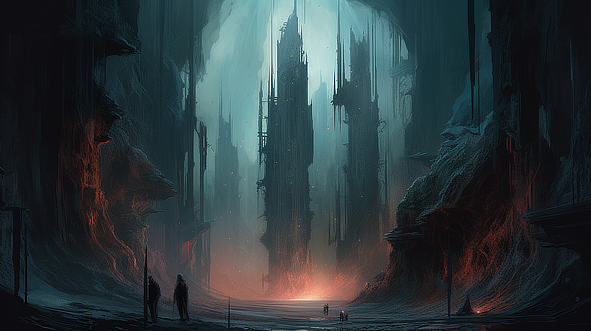 a group of people walking in a cave