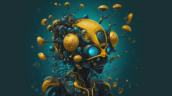 a robot with a large head and many mushrooms