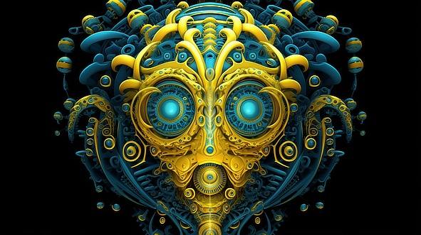 a blue and yellow metal mask