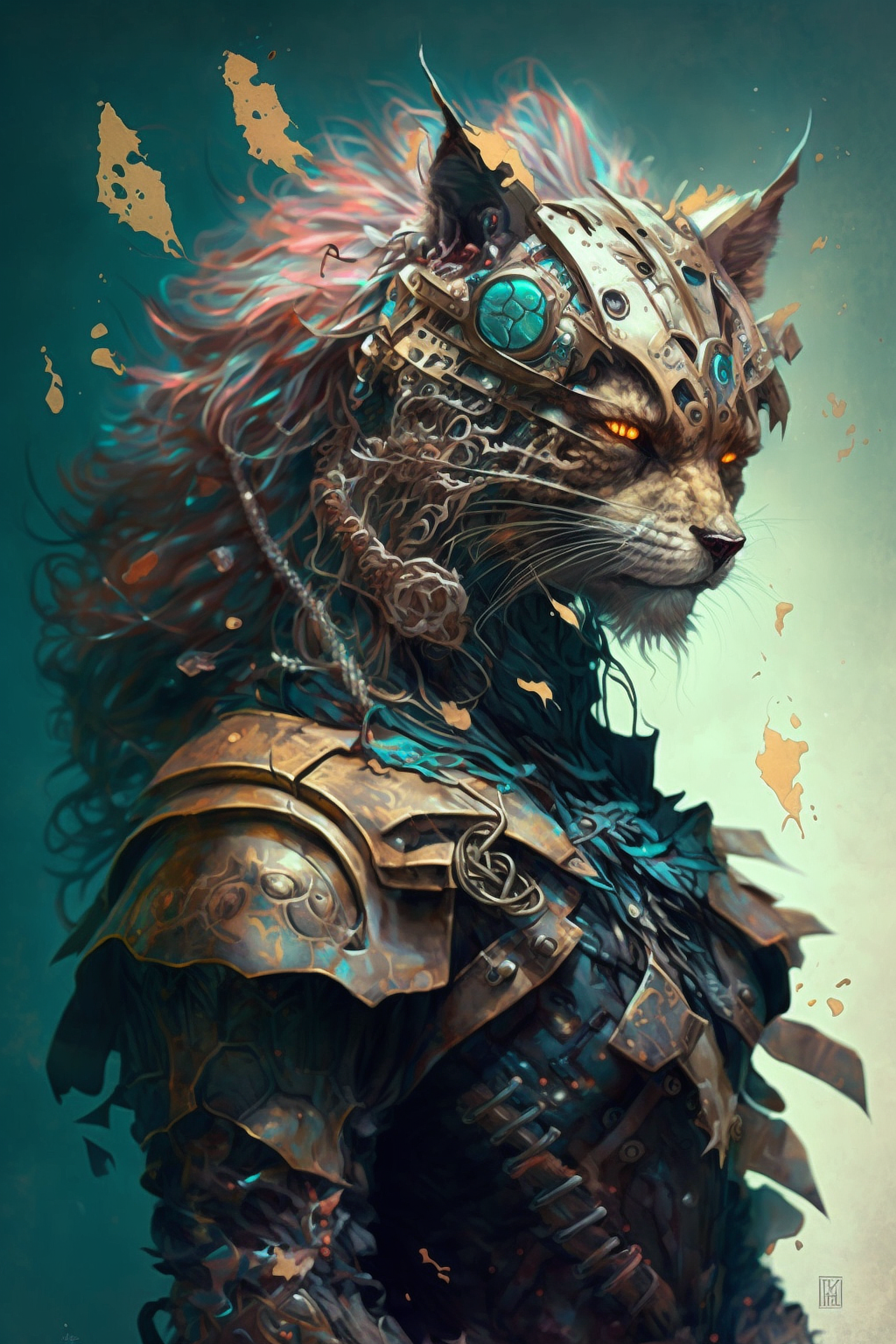 a cat in armor with glowing eyes