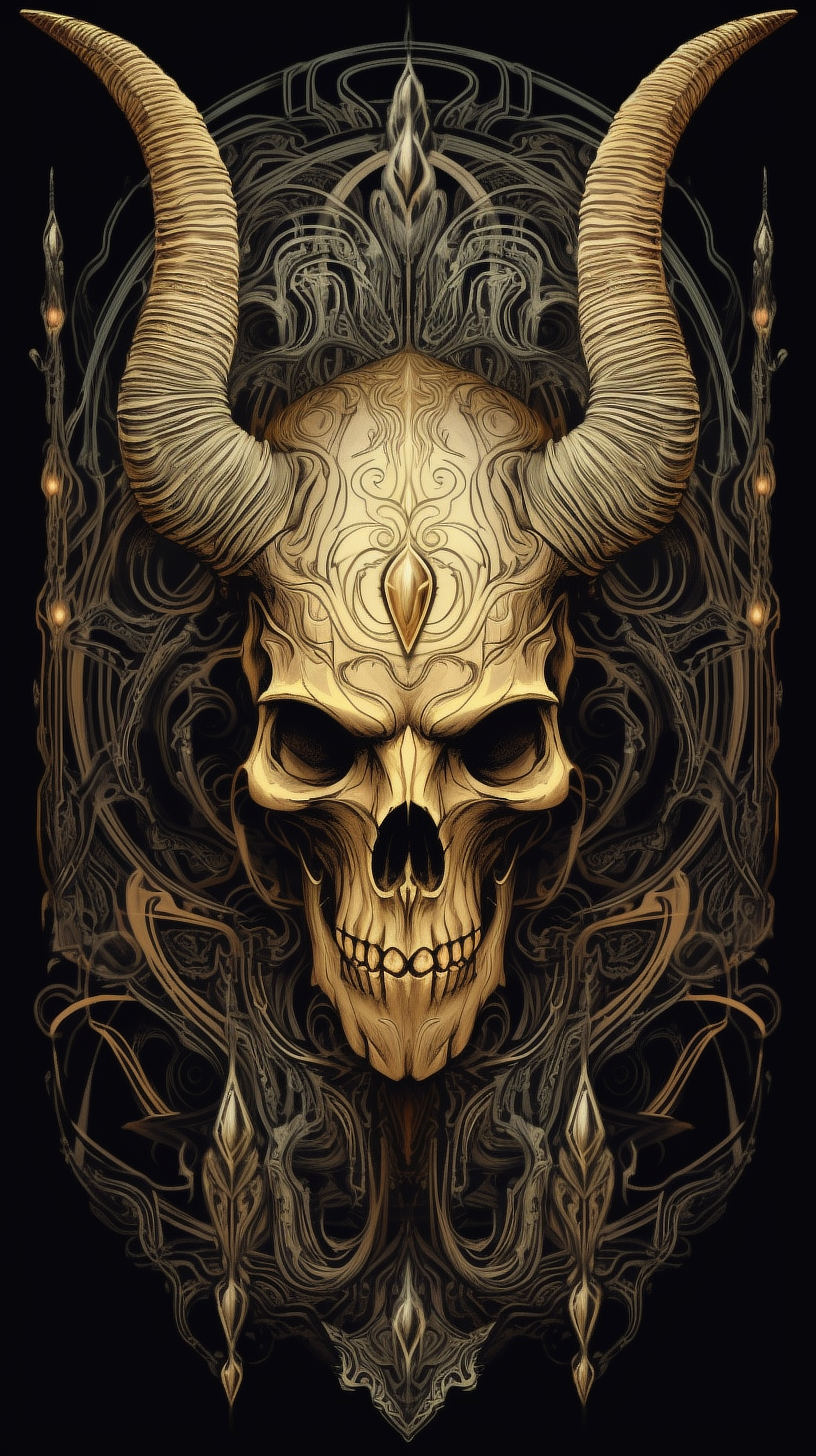 a skull with horns and ornate design