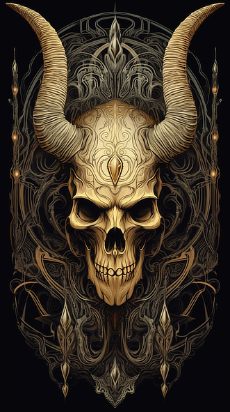 a skull with horns and ornate design