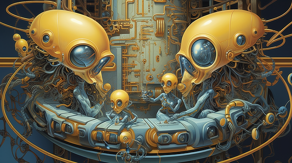 a group of robots sitting at a round table