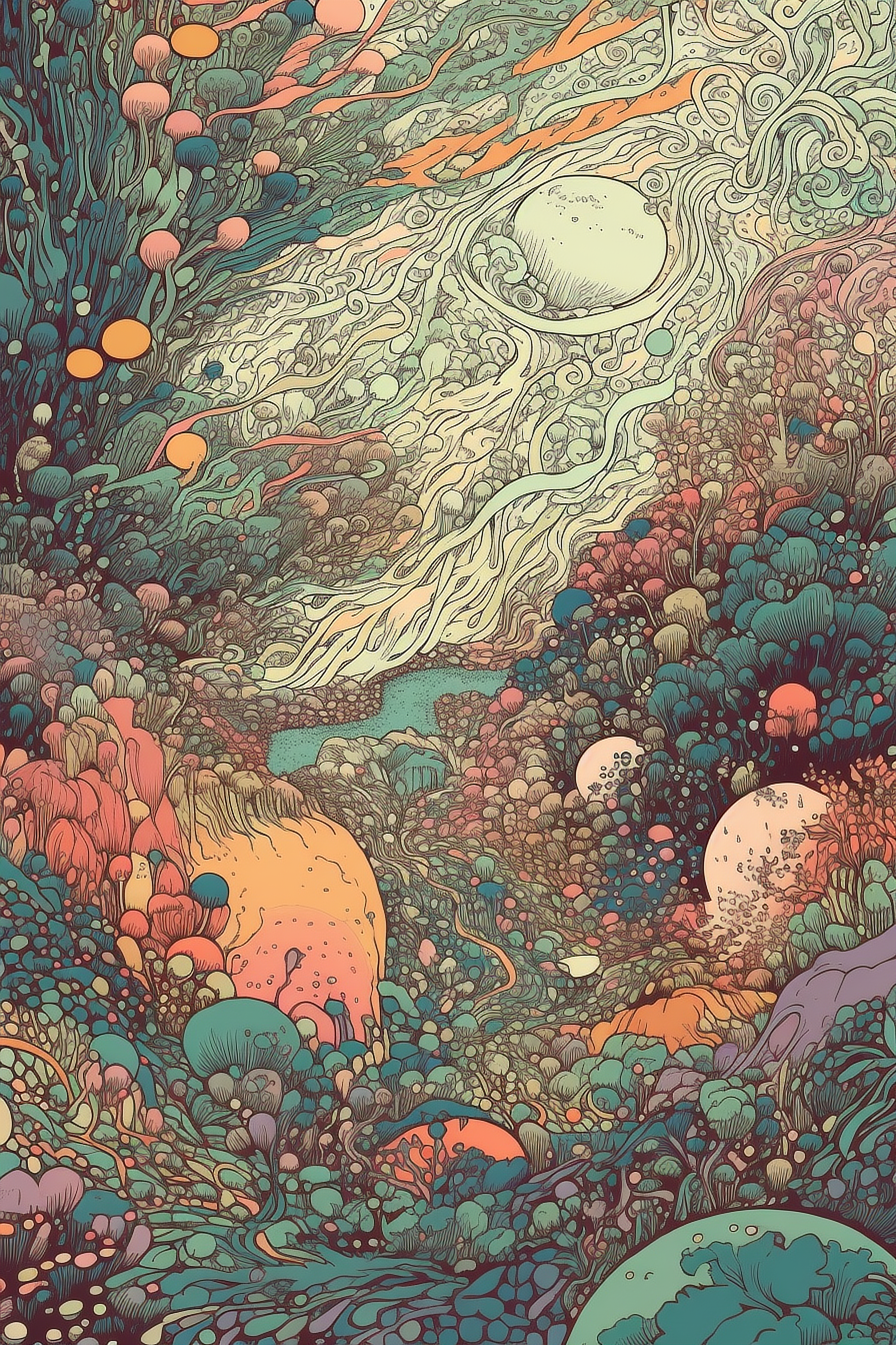 a colorful landscape with a river