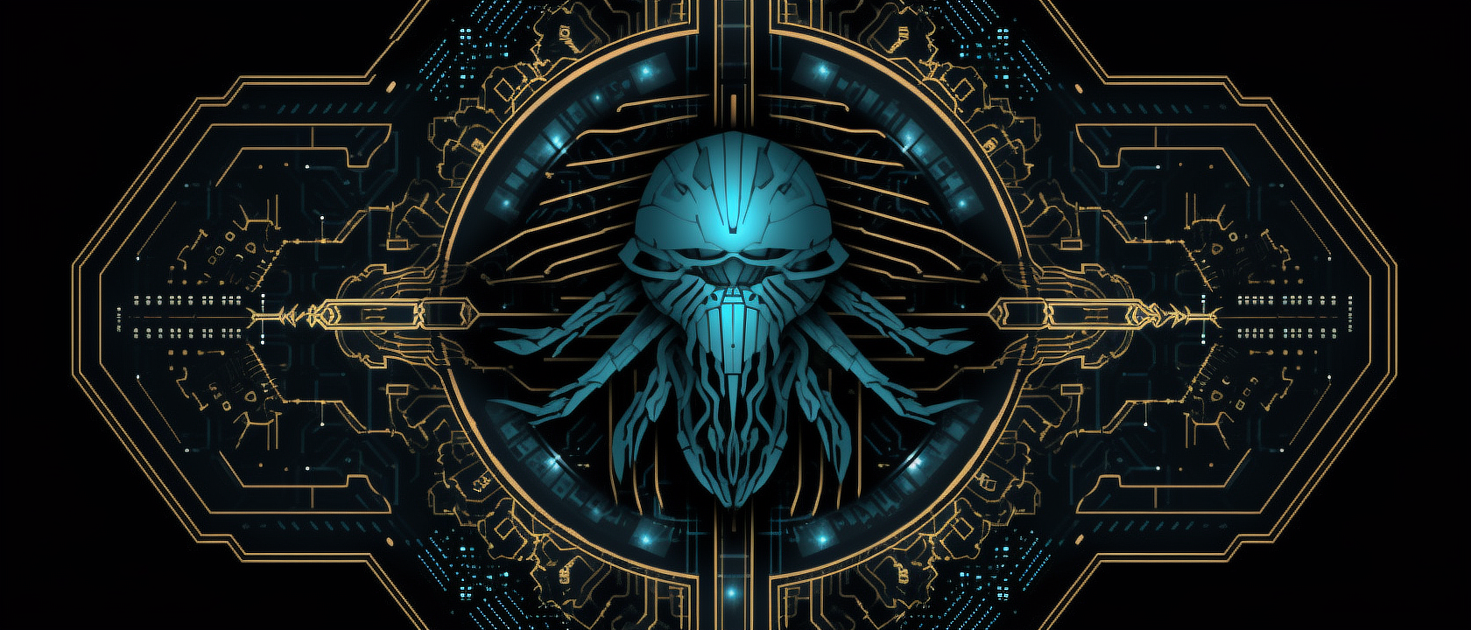 a blue and gold circular design with a skull