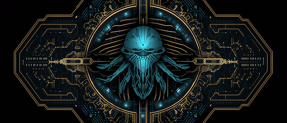 a blue and gold circular design with a skull