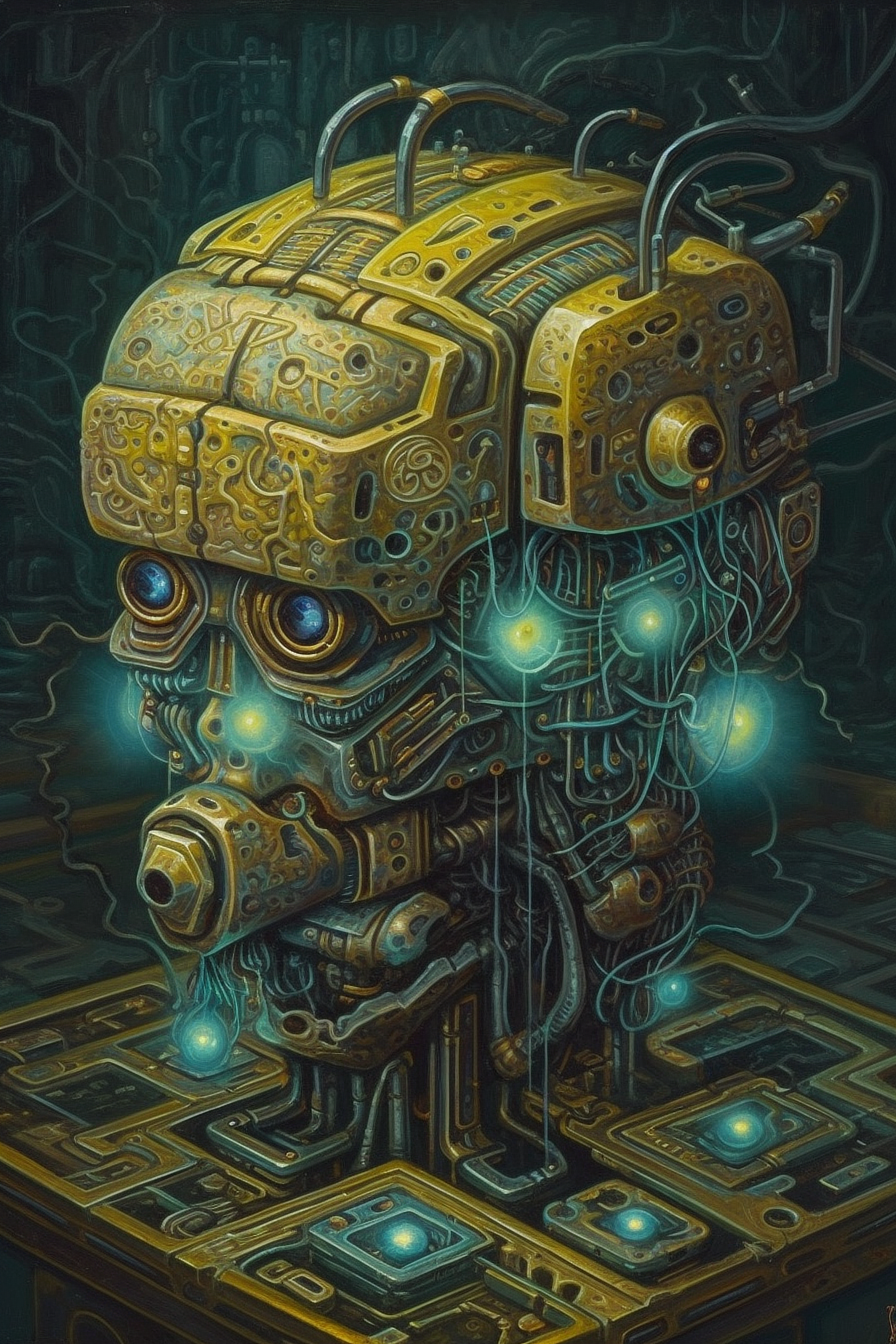 a robot head with many blue eyes and wires