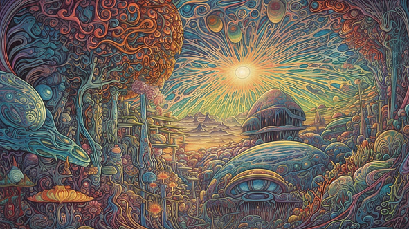 a colorful artwork with a sun and clouds