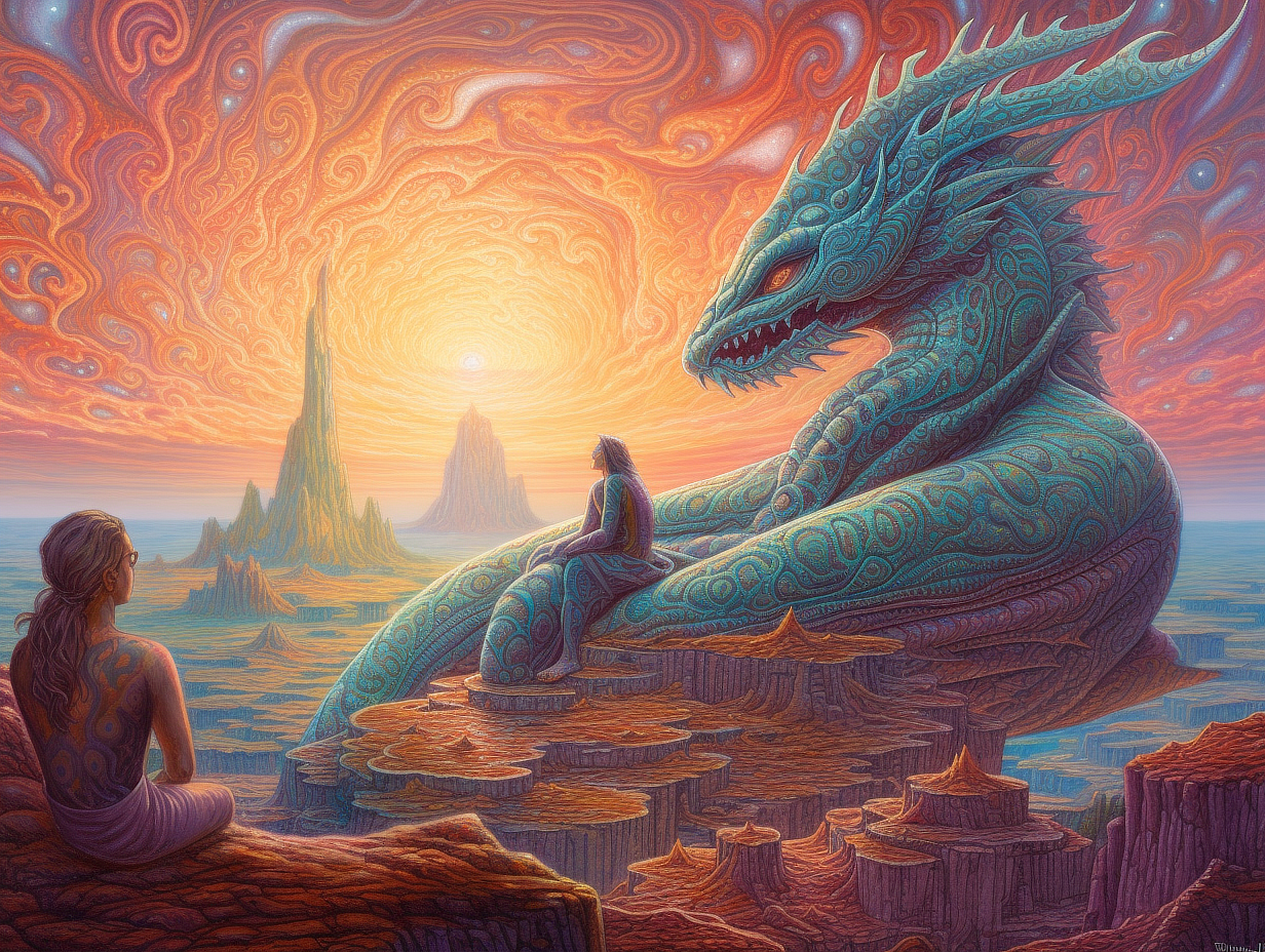 a painting of a dragon and a woman sitting on a rock