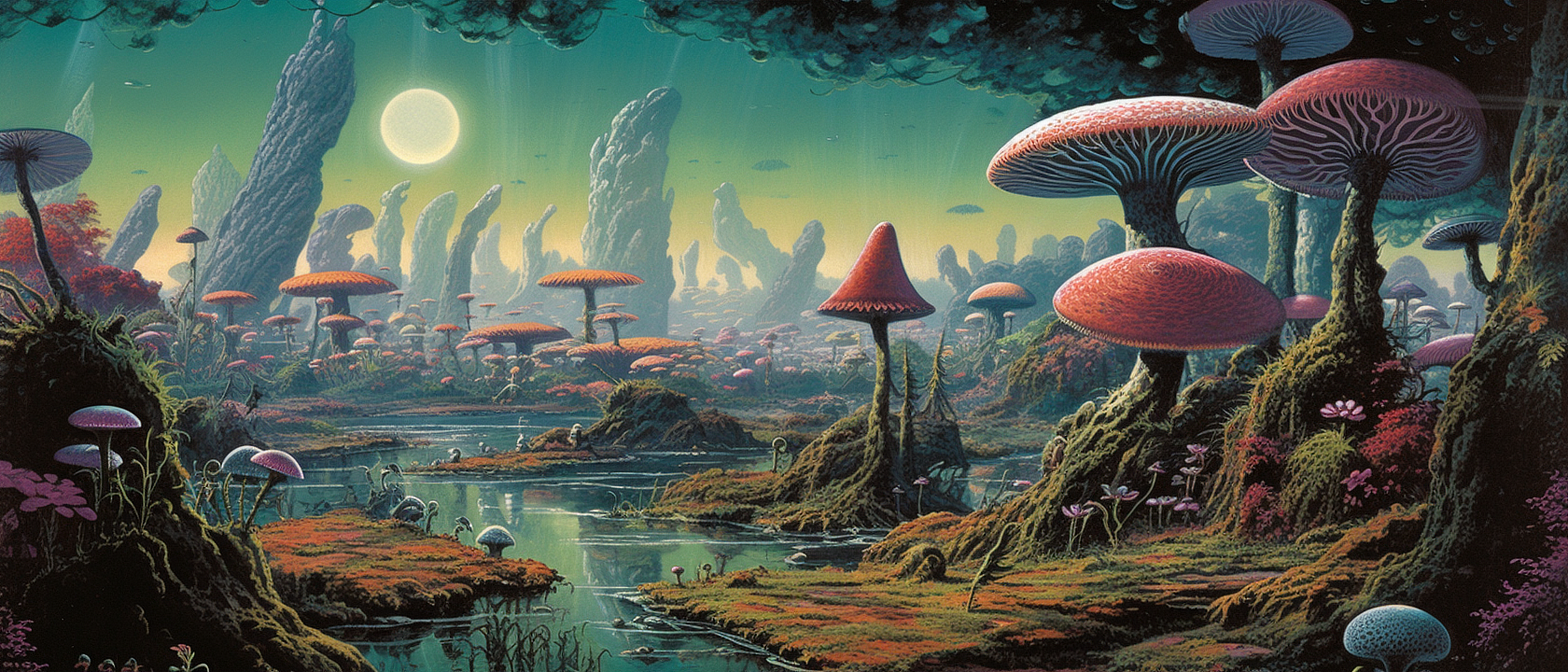 a landscape with mushrooms and plants