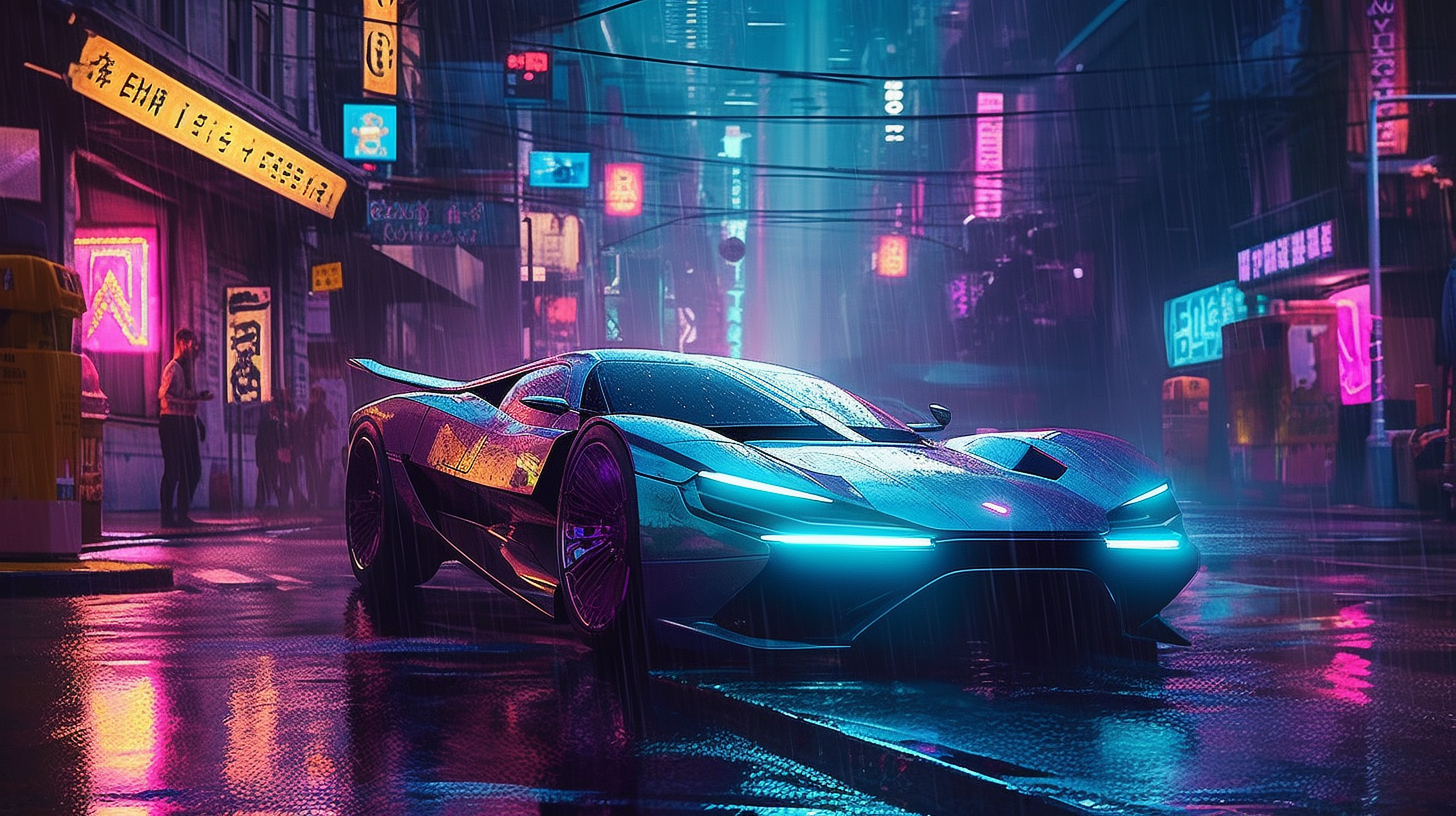 a sports car on a wet street