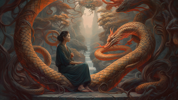 a woman sitting on a dragon