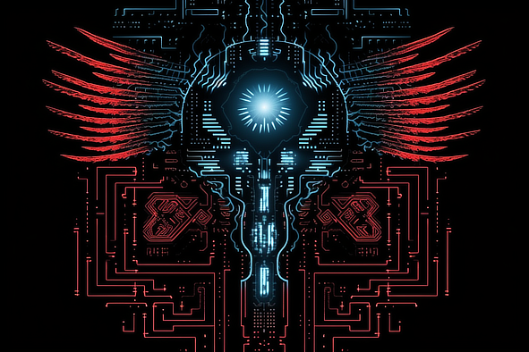 a computer generated image of a skull with wings and lines