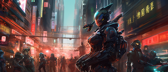 a woman in a garment with a gun in a city