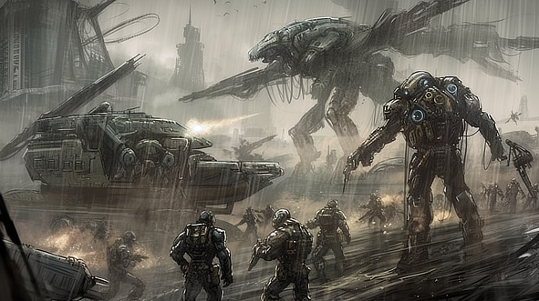 a group of people walking in a storm