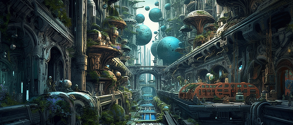 a city with many buildings and blue spheres