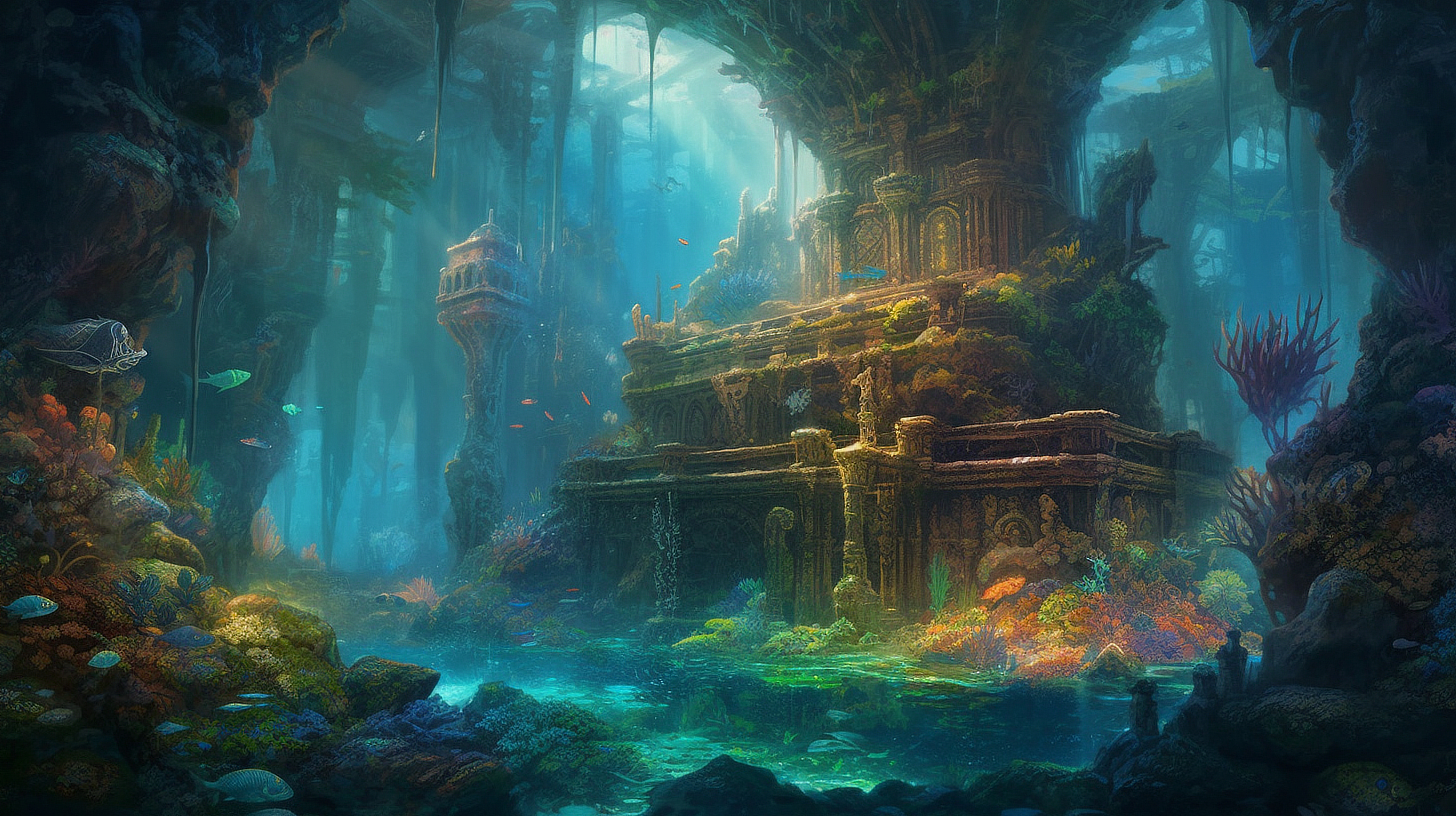 a underwater city with a building and fish