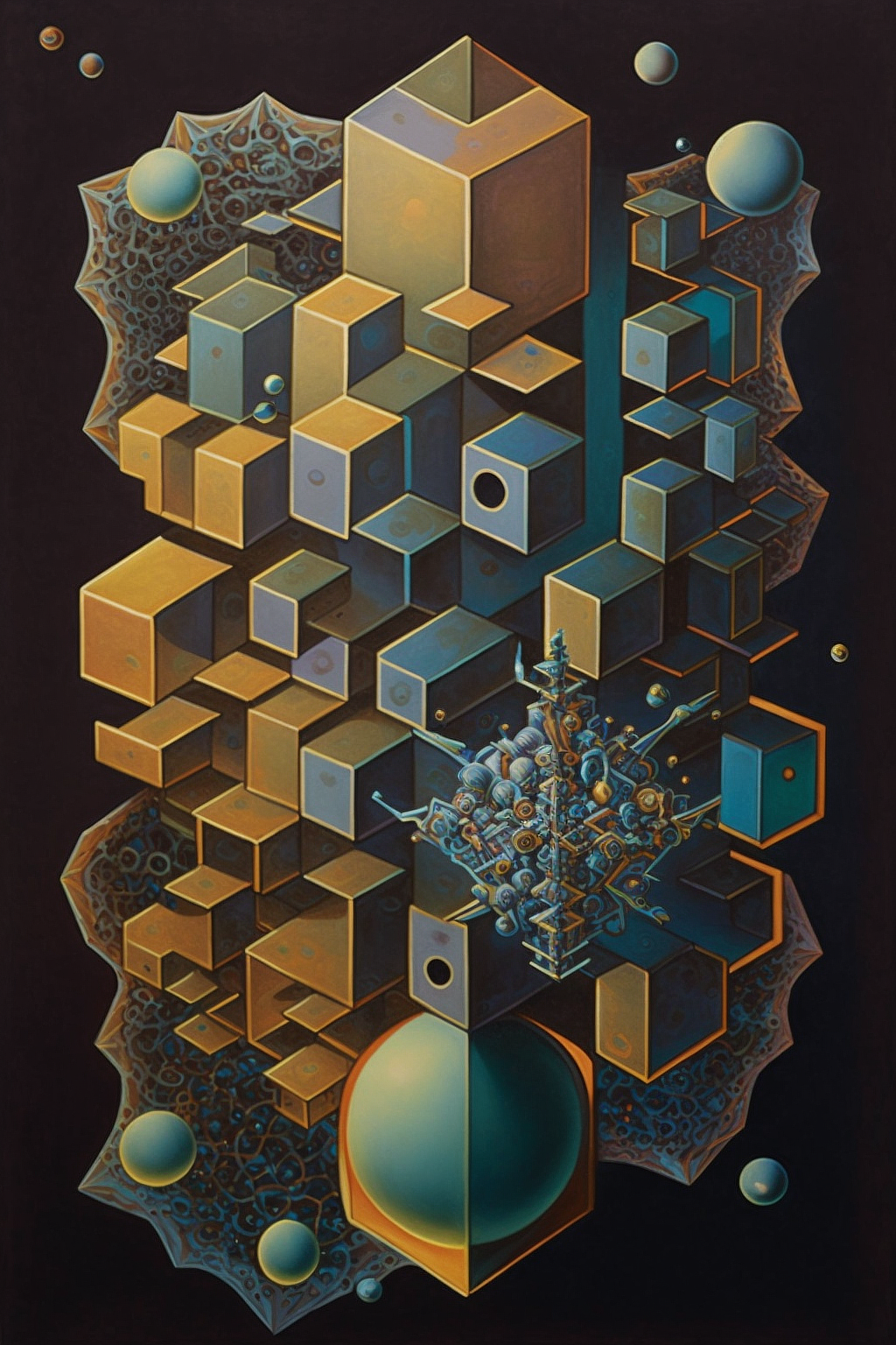 a painting of a colorful cubes and a sphere
