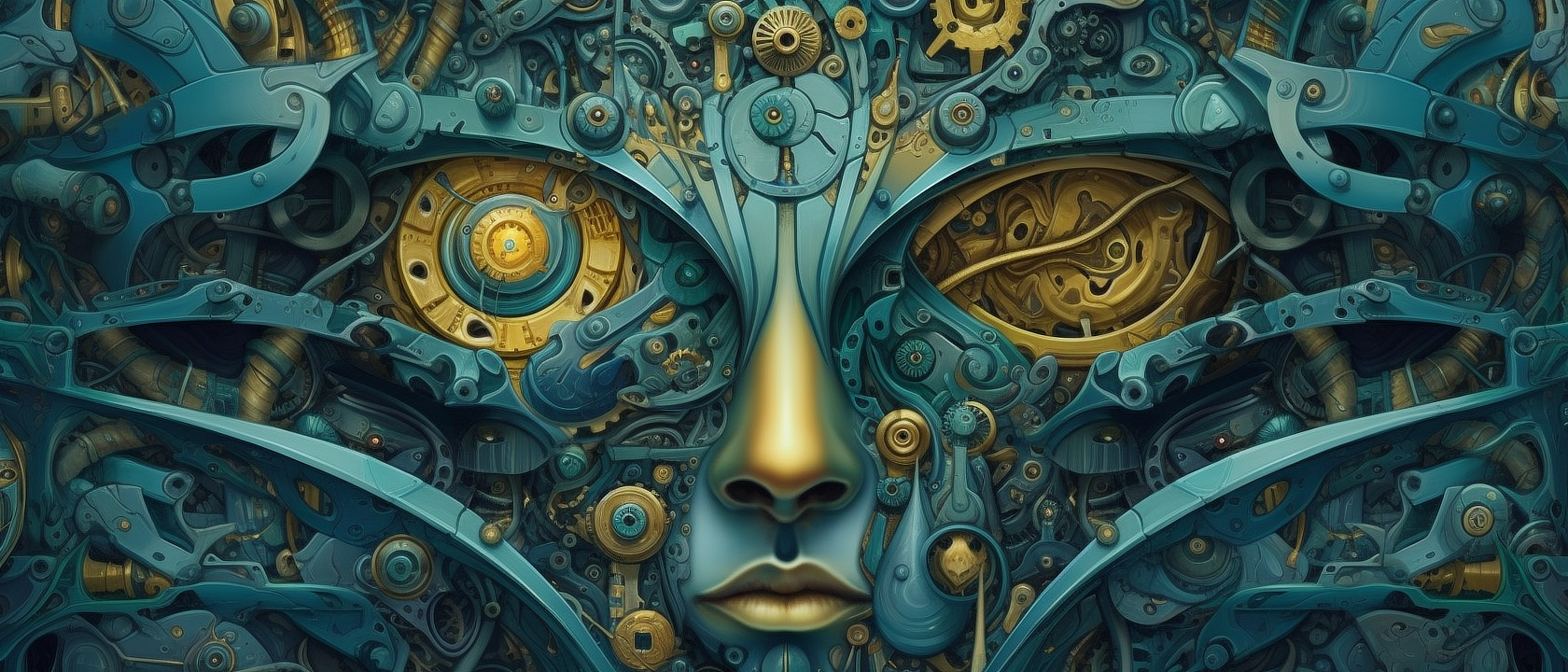 a face made out of metal gears and a face