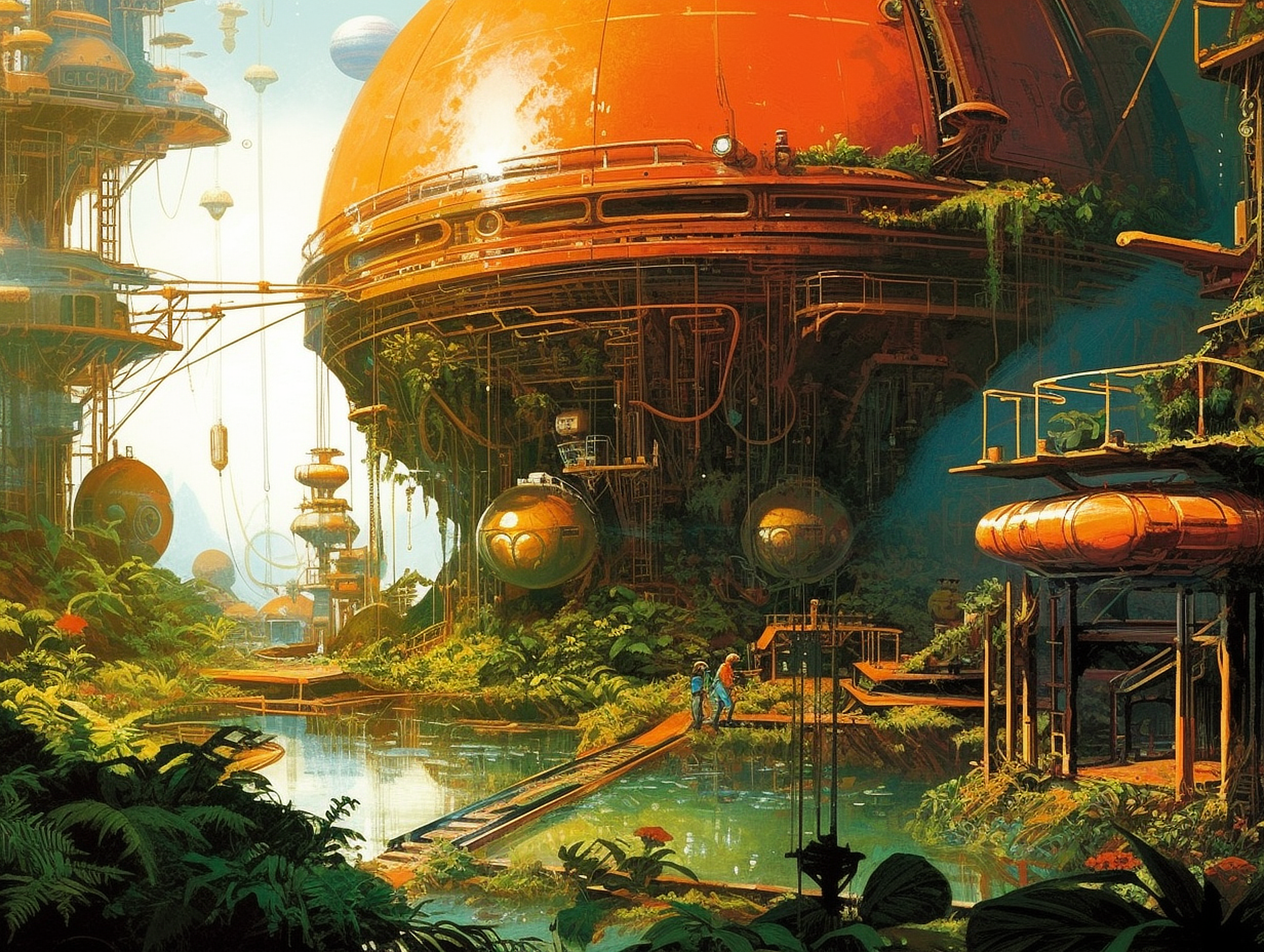 a large round orange object with round objects and a river in the middle