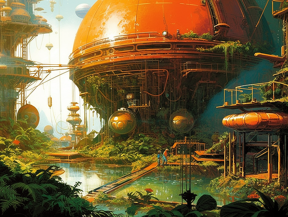 a large round orange object with round objects and a river in the middle