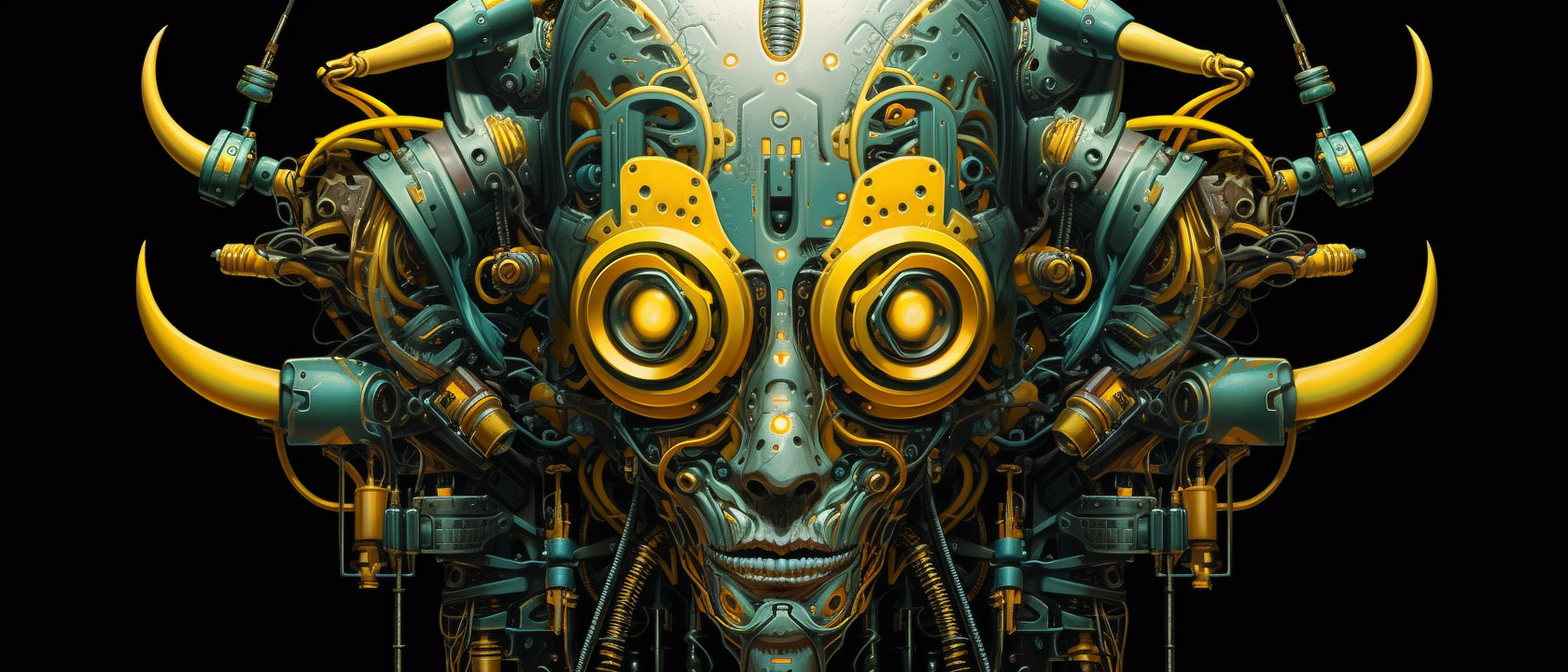 a robot face with many round metal parts