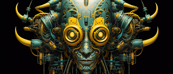 a robot face with many round metal parts