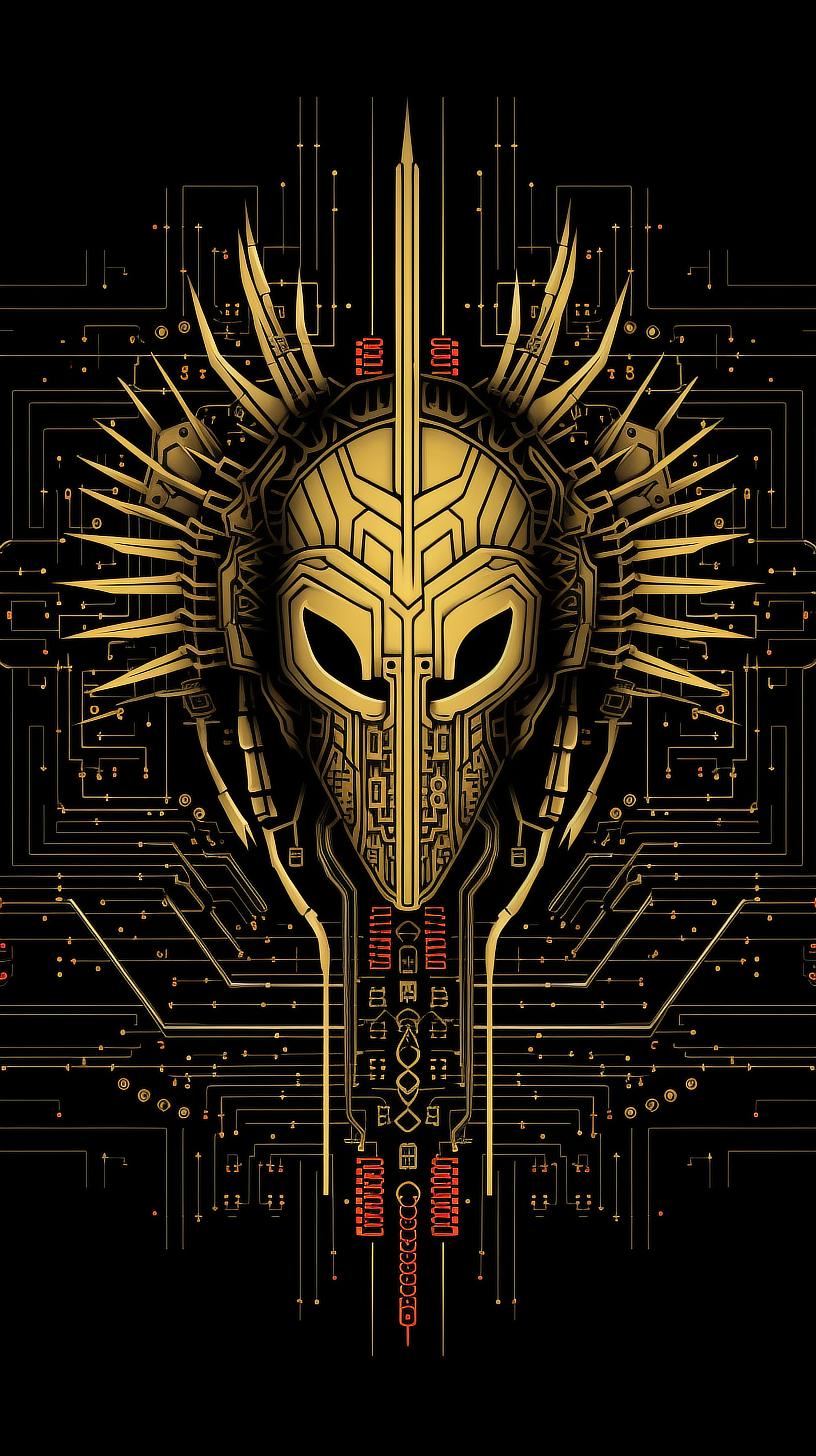 a gold mask with spikes and spikes on a black background