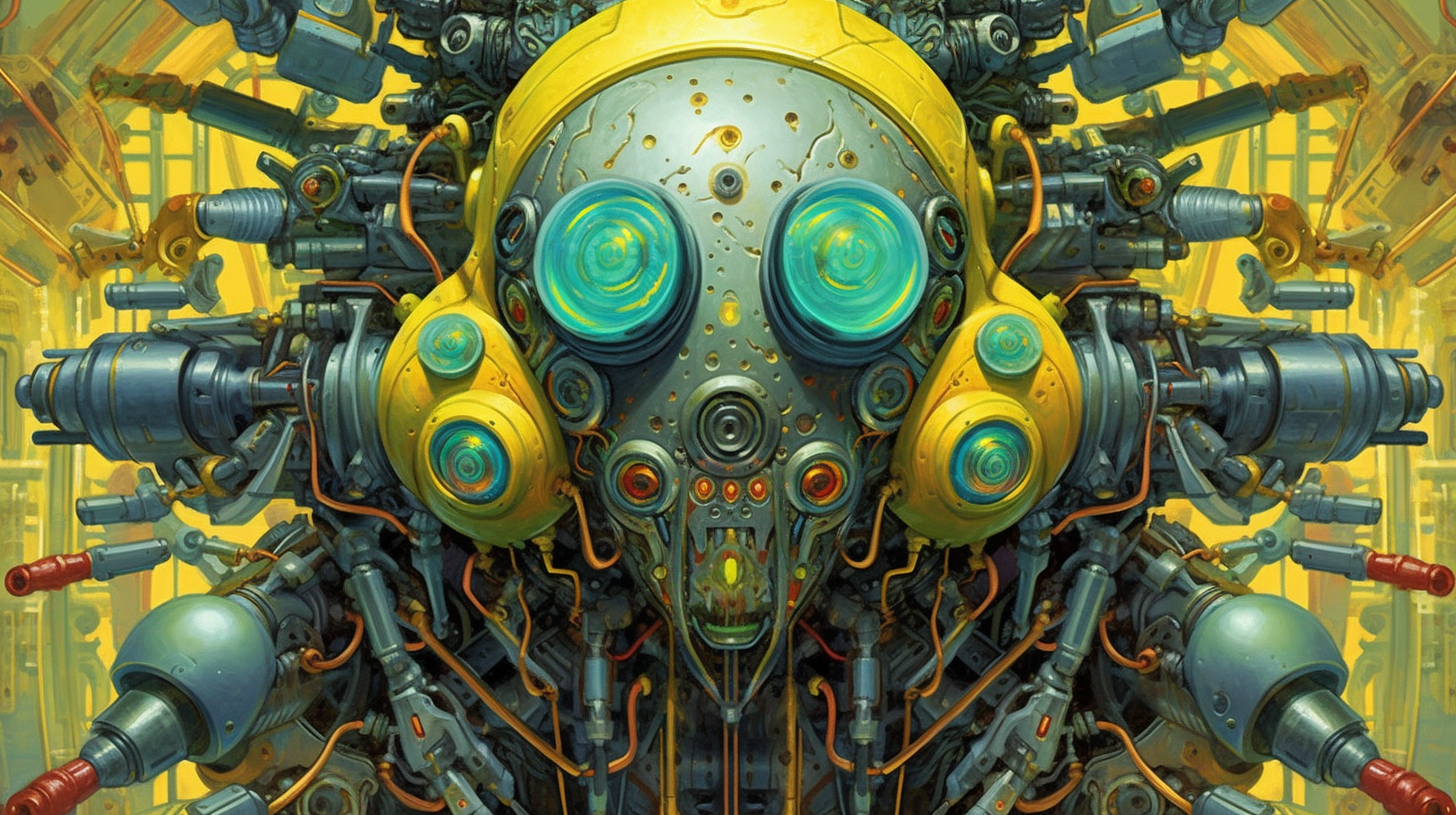 a robot with many round yellow and green objects