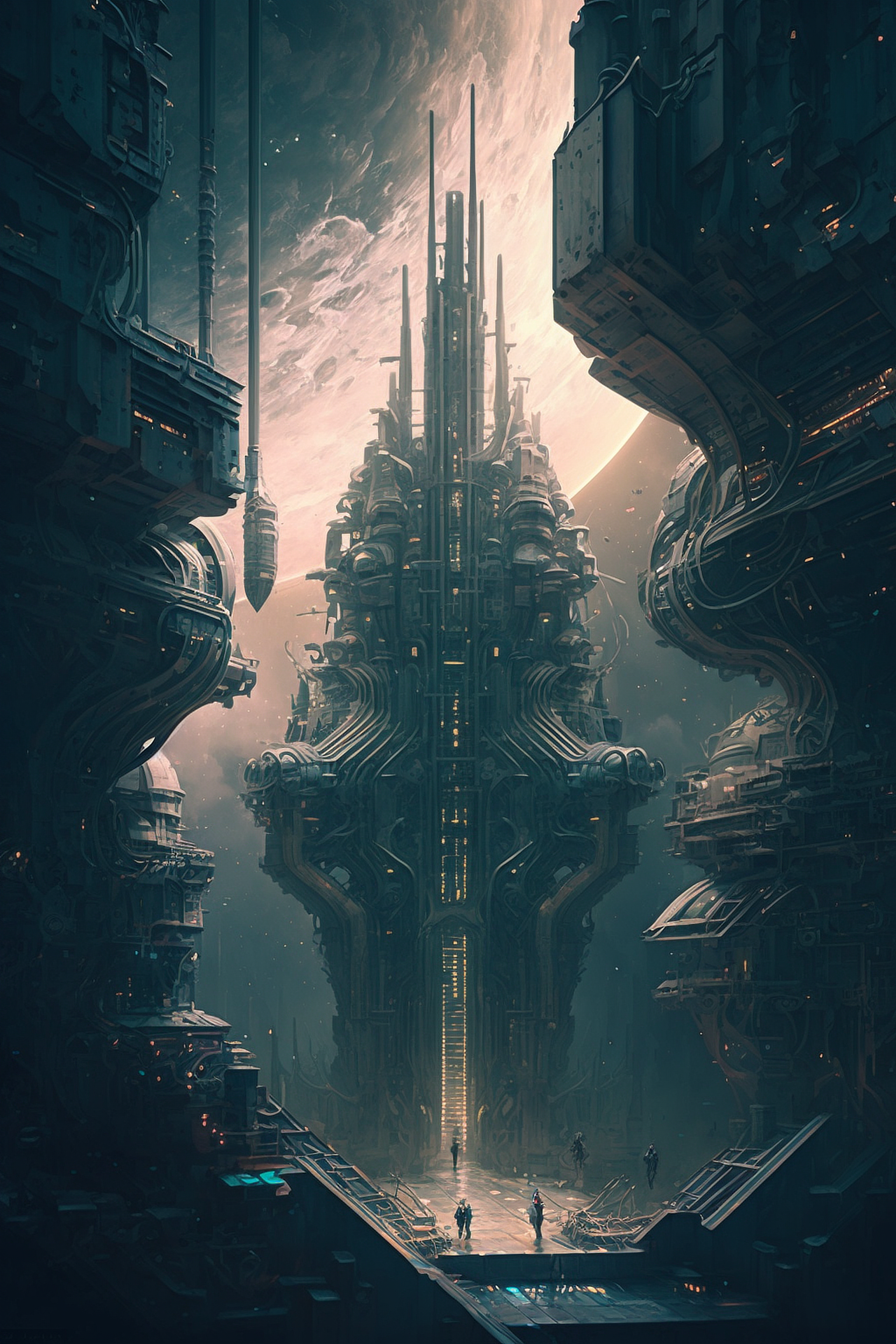 a large tower with many towers and a planet in the background