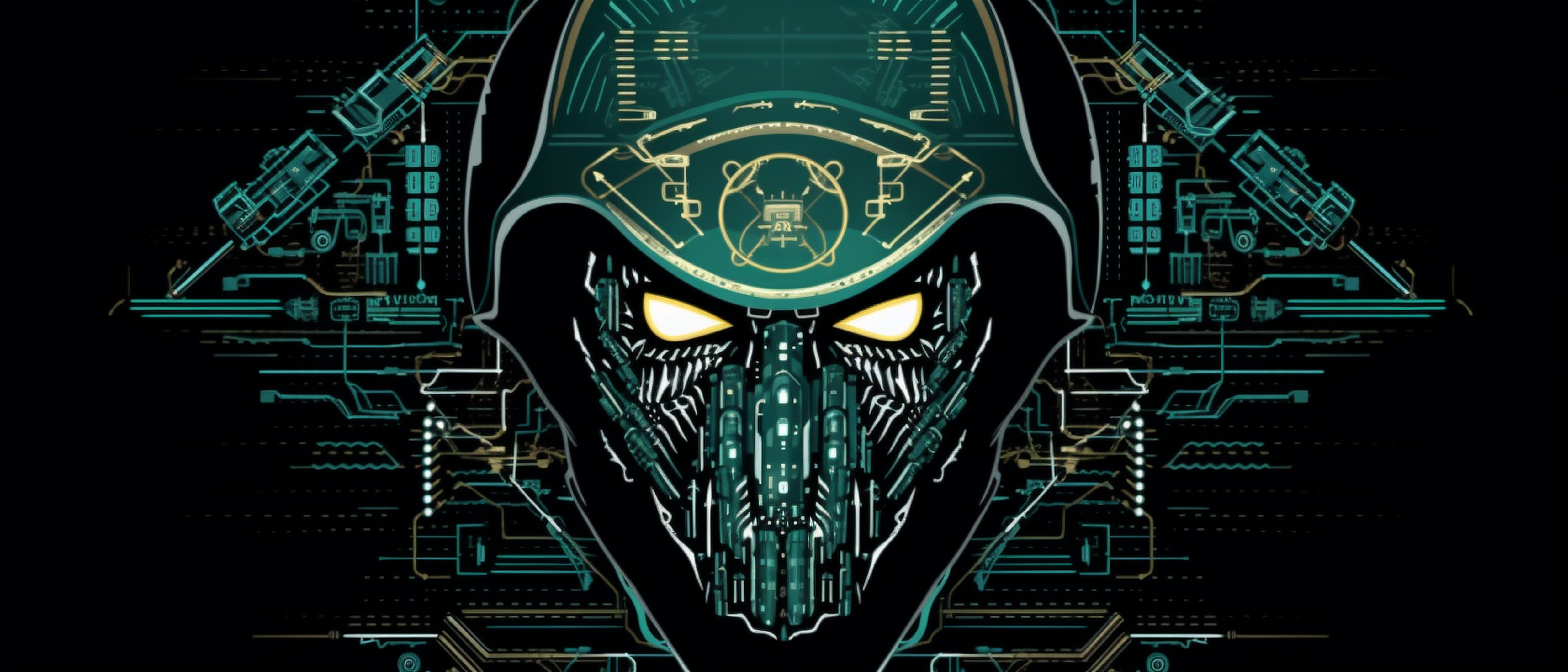 a green and black robot with yellow eyes