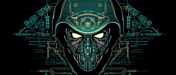 a green and black robot with yellow eyes