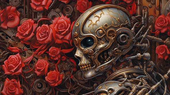 a metal skull with roses
