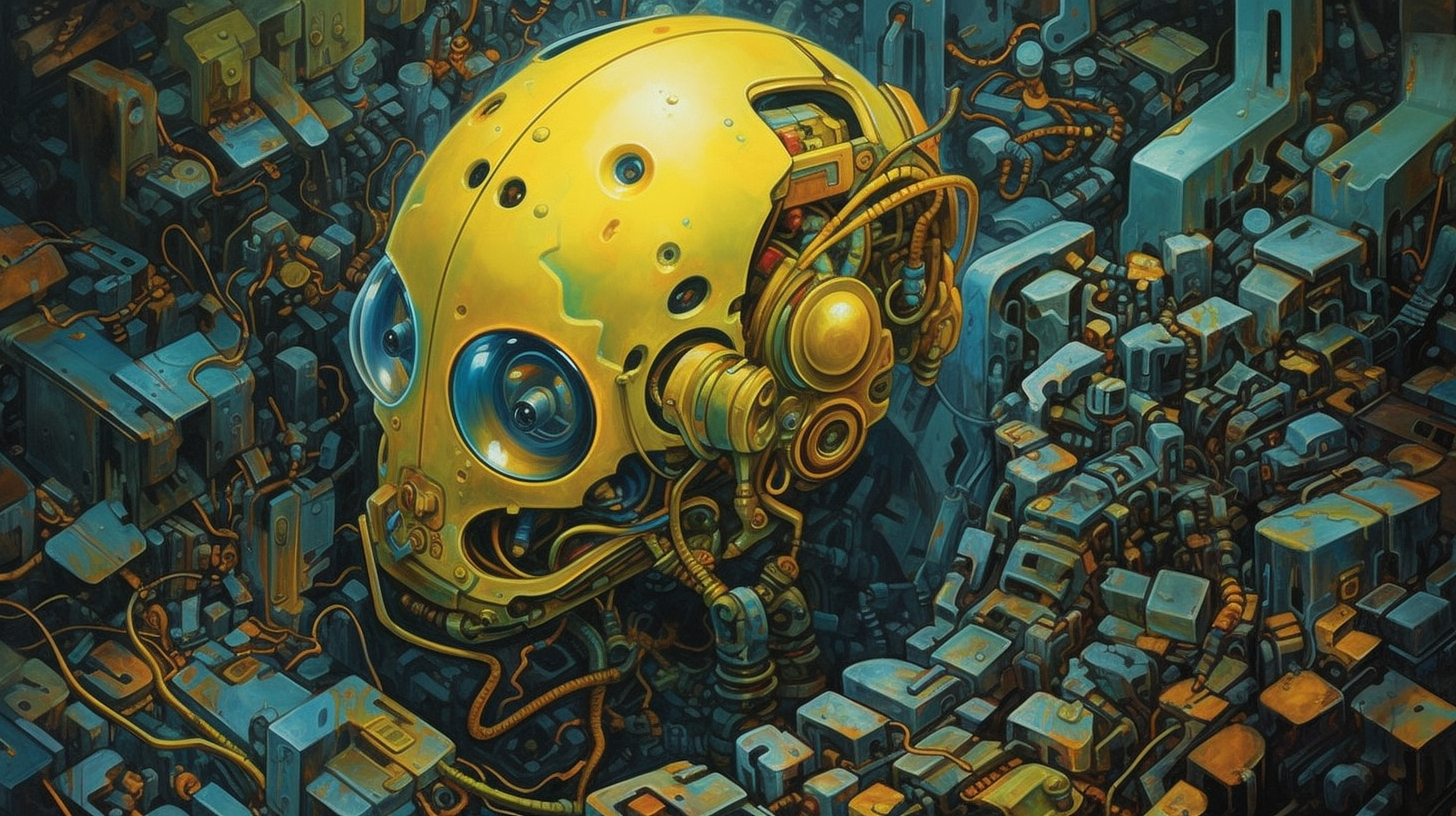 a yellow robot with many round holes and wires