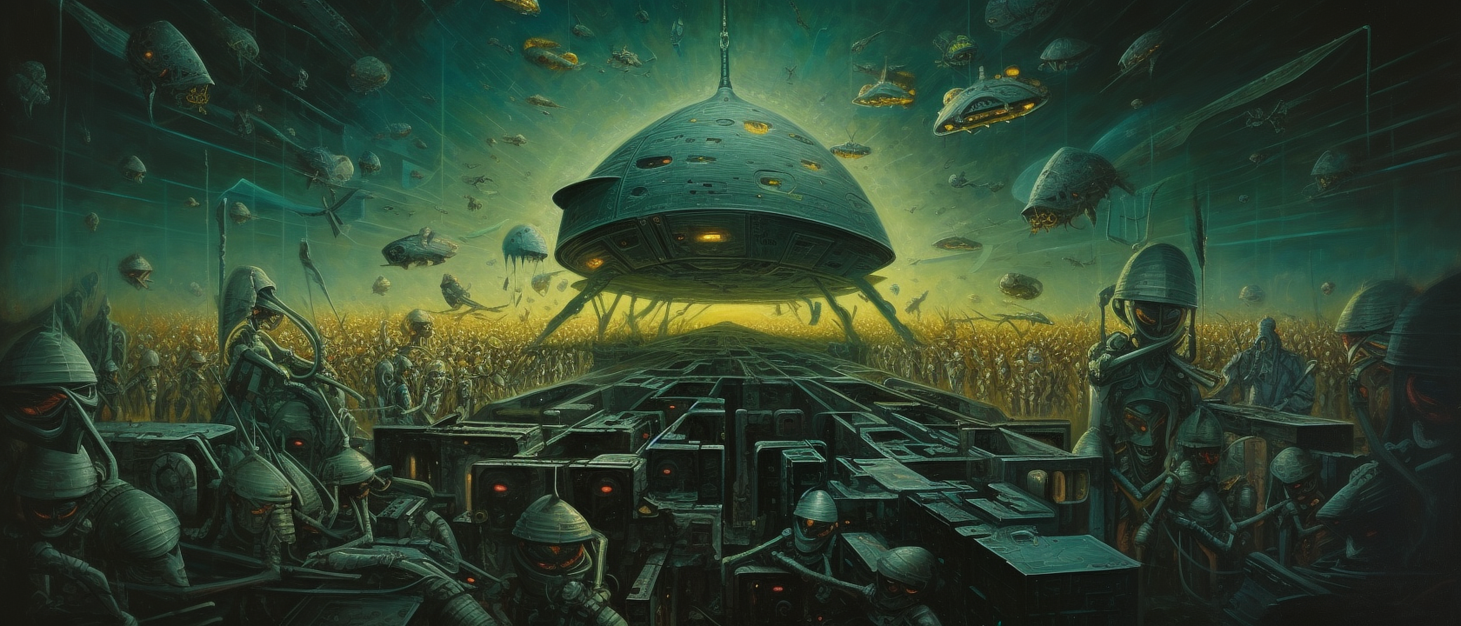 a large spaceship in a crowd of people