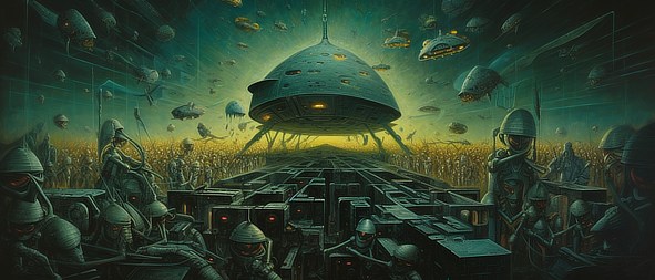 a large spaceship in a crowd of people