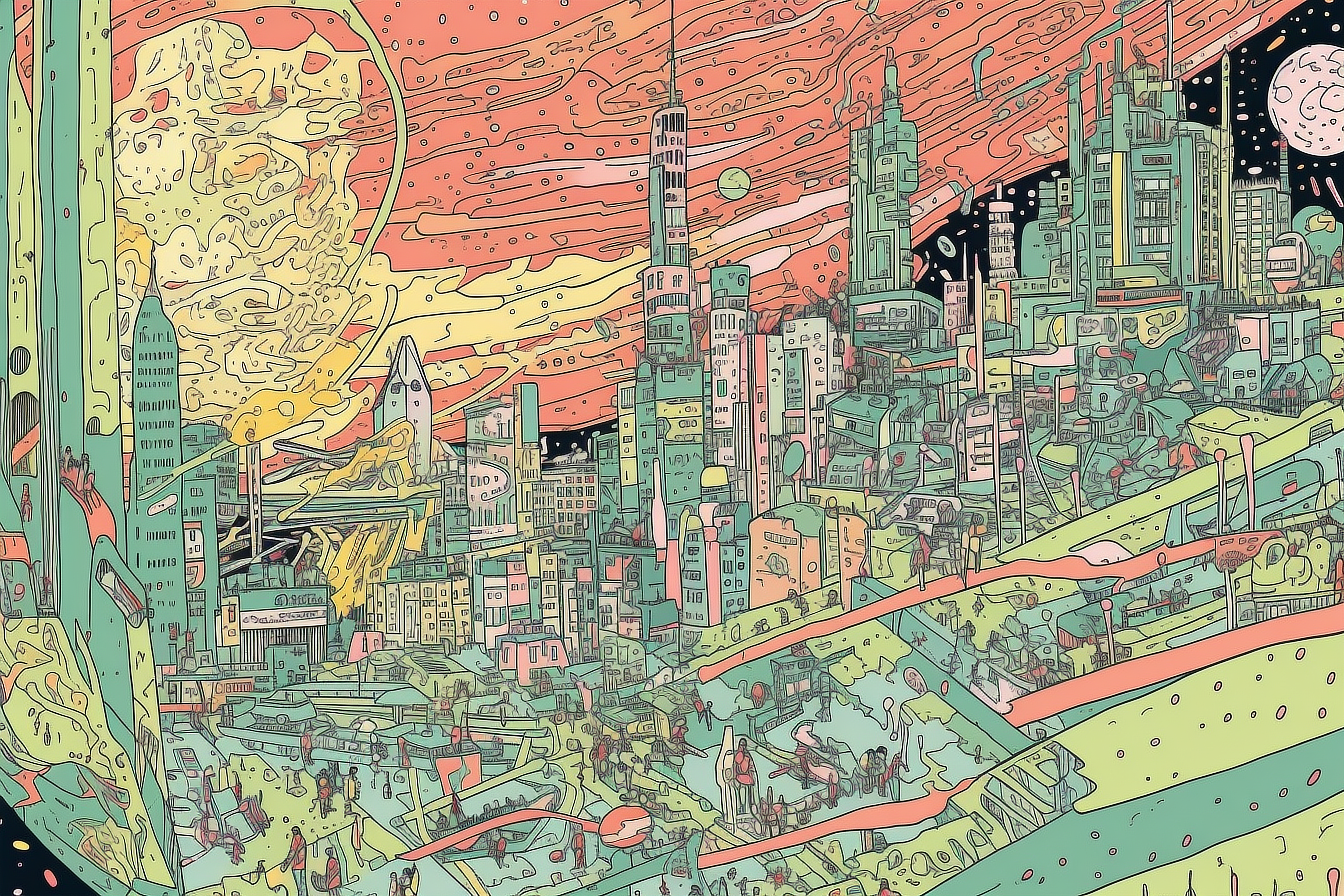 a city with many buildings and a red sky