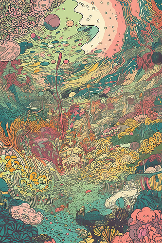 a colorful landscape with plants and flowers