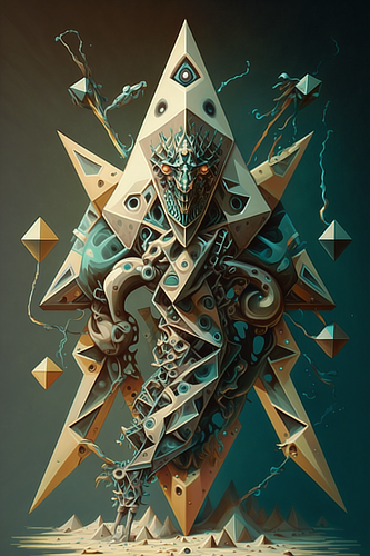 a digital art of a person in a triangle suit