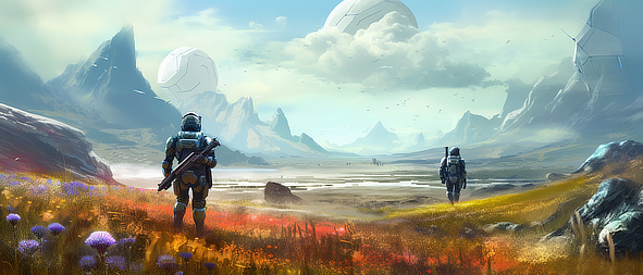 two astronauts walking in a field