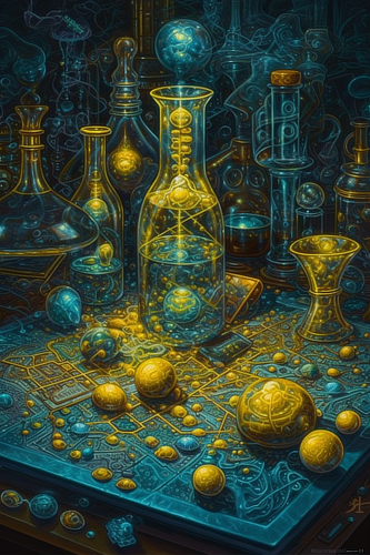 a painting of a glass bottle and other objects